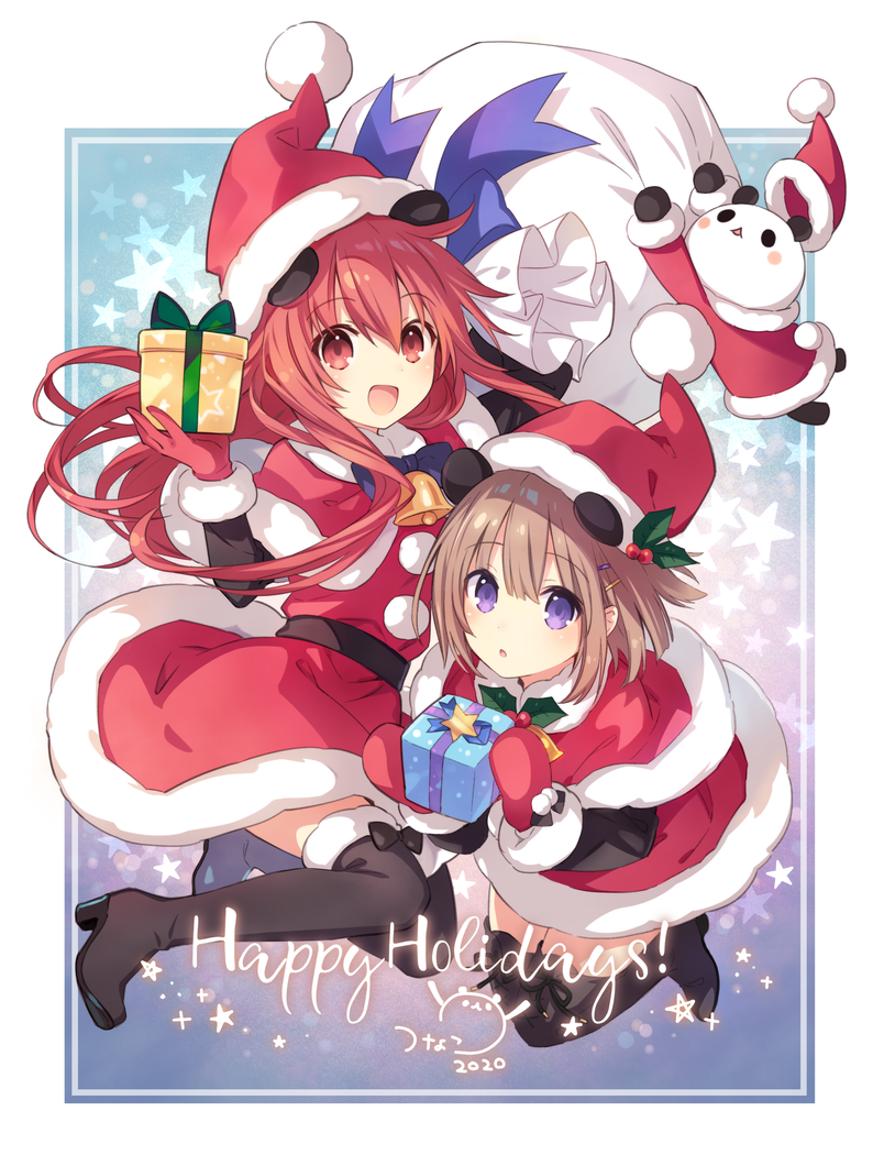 2020 2girls animal_ears box brown_eyes christmas gift gift_bag gift_box happy_holidays hat long_hair long_sleeves looking_at_viewer multiple_girls neptune_(series) open_mouth panda panda_ears red_eyes redhead santa_costume santa_hat shakeko_(neptune_series) smile solo thigh-highs tsunako violet_eyes