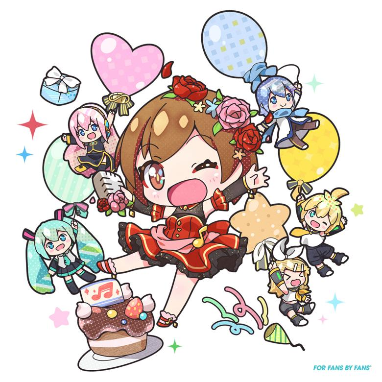 &gt;_&lt; 1boy 4girls aqua_eyes aqua_hair balloon bangs black_legwear black_shirt black_skirt blonde_hair blue_eyes blue_hair blue_scarf bow box brown_eyes brown_hair cake chibi closed_eyes coat commentary cream detached_sleeves dress floating flower food frilled_dress frills fruit fuusen_neko gift gift_box hair_bow hair_flower hair_ornament hairclip hatsune_miku heart_balloon holding holding_balloon holding_microphone kagamine_len kagamine_rin kaito long_hair looking_at_viewer megurine_luka meiko microphone miniskirt multiple_girls musical_note musical_note_print one_eye_closed open_mouth outstretched_arms party_popper pink_flower pink_hair pink_rose pleated_skirt red_dress red_flower red_rose rose scarf shirt short_hair shorts skirt sleeveless sleeveless_dress smile spiky_hair strawberry swept_bangs thigh-highs twintails very_long_hair vocaloid white_background white_bow white_coat yellow_neckwear