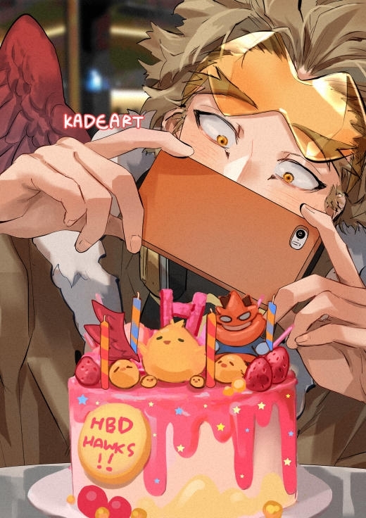 1boy artist_name birthday_cake blonde_hair blush boku_no_hero_academia cake candle commentary covering_mouth english_commentary food goggles goggles_on_head hands_up happy_birthday hawks_(boku_no_hero_academia) holding holding_phone kadeart looking_at_phone male_focus phone red_wings short_hair todoroki_enji wings yellow_eyes