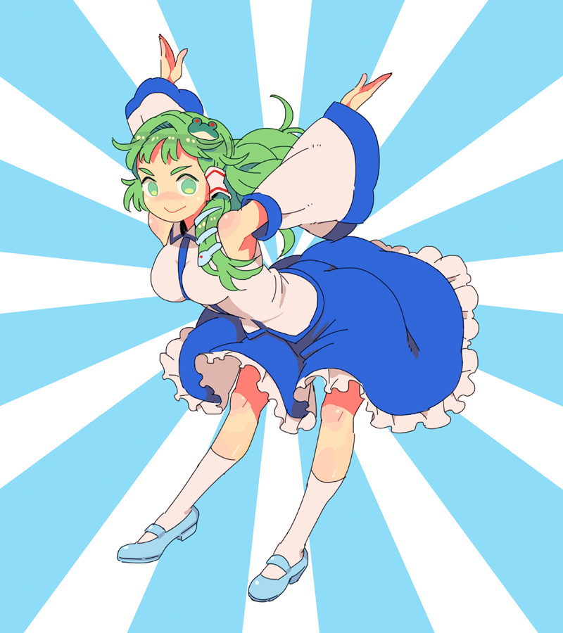 1girl :&gt; \o/ ankle_socks arms_behind_back arms_up ass bangs between_breasts blue_background blue_footwear blue_skirt breasts collared_shirt commentary_request detached_sleeves frilled_skirt frills frog_hair_ornament full_body furrowed_eyebrows green_eyes green_hair hair_ornament hair_tubes jean_(jean_sp) kochiya_sanae leaning_forward light_blue_background long_hair long_skirt long_sleeves looking_at_viewer open_hands outstretched_arms shirt sidelocks skirt skirt_lift sleeveless sleeveless_shirt smile smug snake_hair_ornament socks solo sunburst sunburst_background taut_clothes touhou two-tone_background v-shaped_eyebrows v_arms white_background white_legwear white_shirt wide_sleeves wing_collar