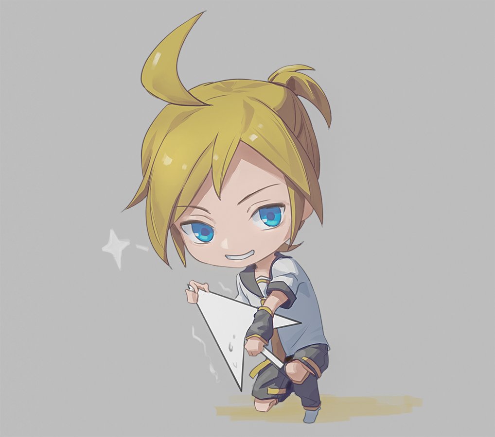 1boy ahoge arm_warmers black_collar black_shorts blonde_hair blue_eyes chibi collar collared_shirt commentary cursor grey_background grin holding huge_ahoge kagamine_len leg_warmers looking_at_viewer male_focus one_knee sailor_collar shirt short_ponytail short_sleeves shorts smile solo sparkle spiky_hair sweat vocaloid white_shirt wounds404