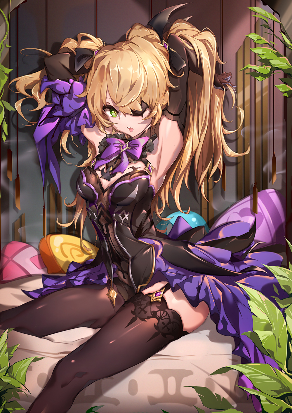 1girl :o armpits arms_up bangs bare_shoulders black_gloves black_legwear blonde_hair blush bow bowtie breasts commentary_request dress elbow_gloves eyepatch fischl_(genshin_impact) garter_straps genshin_impact gloves green_eyes hair_over_one_eye hair_ribbon hands_in_hair highres indoors leaf long_hair looking_at_viewer medium_breasts open_mouth pillow plant purple_bow purple_neckwear renze_l ribbon shiny shiny_clothes shiny_hair single_thighhigh sitting solo thigh-highs two_side_up upper_teeth