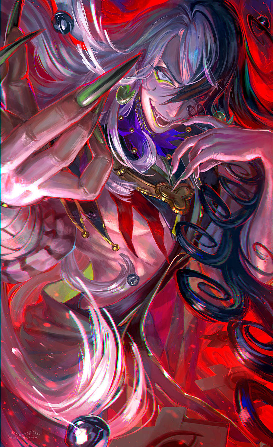 1boy abs ashiya_douman_(fate) asymmetrical_clothes asymmetrical_hair bell black_eyes black_hair cowboy_shot curly_hair earrings egawa_akira evil_grin evil_smile fate/grand_order fate_(series) fingernails foreshortening green_eyeshadow green_kimono green_lipstick green_nails grin hair_bell hair_between_eyes hair_intakes hair_ornament highres japanese_clothes jewelry kimono lipstick long_hair magatama magatama_earrings makeup male_focus multicolored_hair open_clothes open_kimono pectorals ribbed_sleeves sharp_fingernails smile solo toned toned_male two-tone_hair very_long_fingernails very_long_hair white_hair