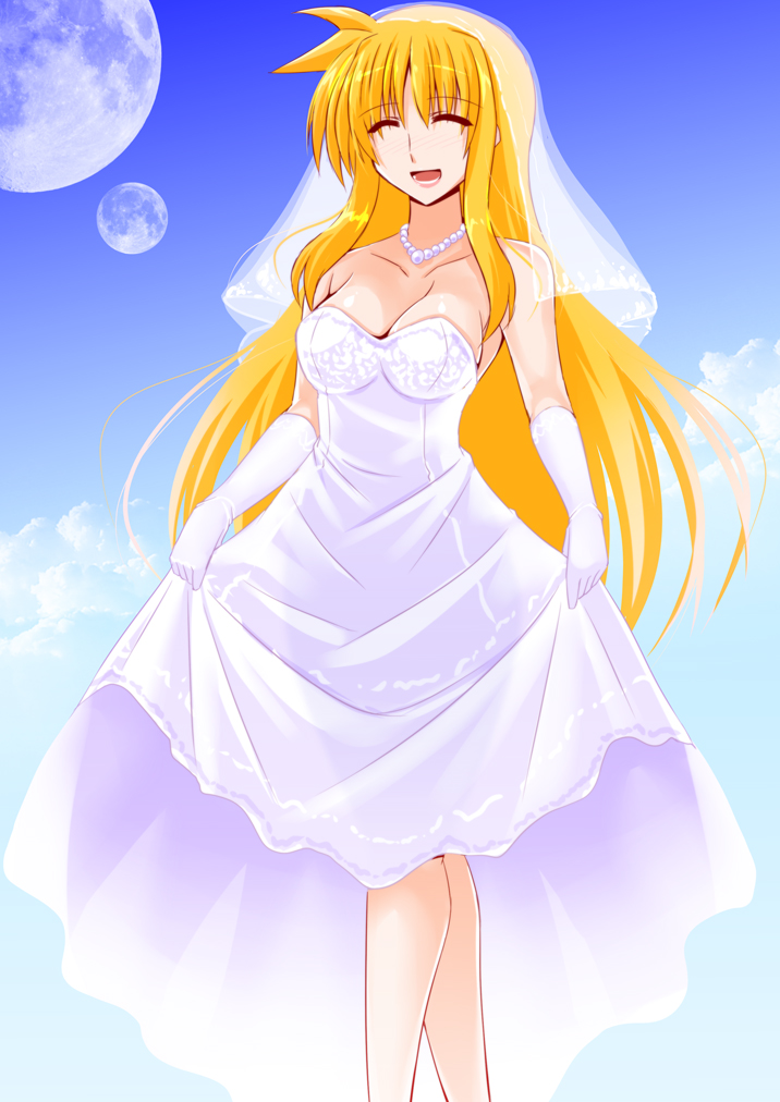 1girl above_clouds bangs bare_shoulders blonde_hair blue_sky bridal_veil clear_sky clouds commentary dress engo_(aquawatery) eyebrows_visible_through_hair facing_viewer fate_testarossa gloves jewelry light_blush long_dress long_hair lyrical_nanoha mahou_shoujo_lyrical_nanoha_strikers medium_hair multiple_moons necklace open_mouth pearl_necklace sidelocks skirt_hold sky smile solo standing strapless strapless_dress veil wedding_dress white_dress white_gloves