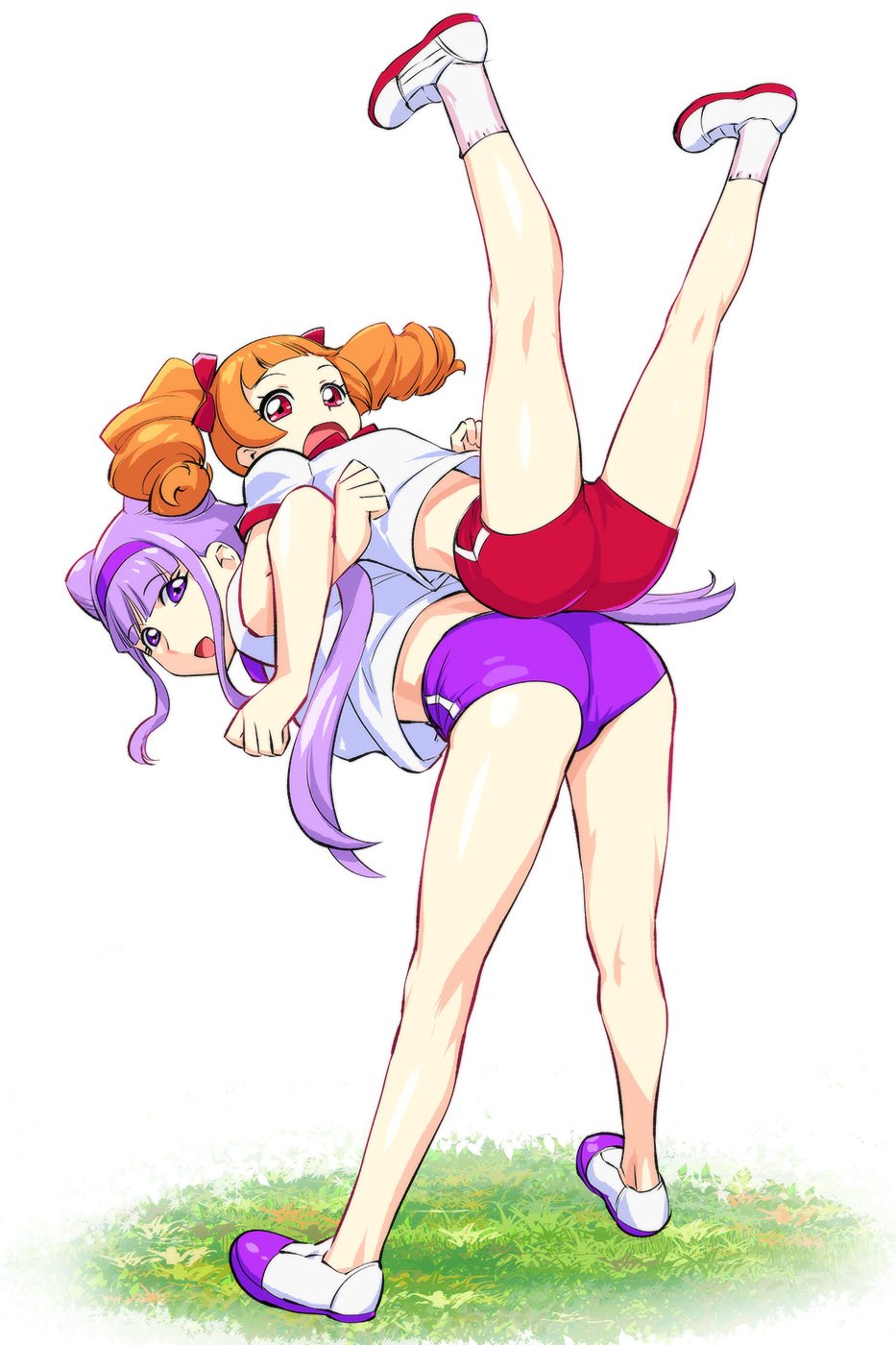 2girls aisaki_emiru ass back-to-back bangs bow breasts brown_eyes brown_hair buruma full_body gym_uniform hair_bow hairband highres hugtto!_precure long_hair looking_at_viewer medium_hair multiple_girls open_mouth precure purple_hair red_eyes ruru_amour smile twintails ueyama_michirou violet_eyes