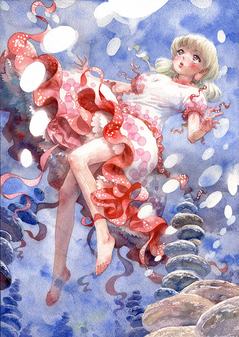 1girl air_bubble arms_up bangs barefoot blonde_hair blush brown_eyes bubble earlobes ebisu_eika eyebrows_visible_through_hair frilled_skirt frills lips looking_up low_twintails misawa_hiroshi parted_lips puffy_short_sleeves puffy_sleeves rock rock_balancing shirt short_hair short_sleeves skirt solo stack texture touhou traditional_media twintails underwater watercolor_(medium) white_shirt white_skirt
