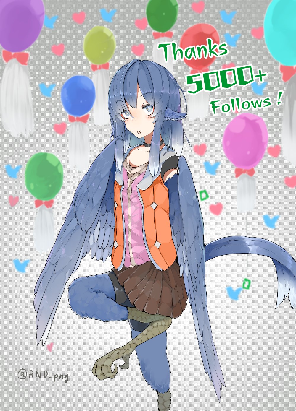 1girl animal_ears balloon bird_ears bird_legs bird_tail bird_wings blue_feathers blue_hair blue_wings blush brown_skirt choker digitigrade english_text eyebrows_visible_through_hair feathered_wings feathers grey_eyes harpy head_feathers heart highres medium_hair milestone_celebration miura_(rnd.jpg) monster_girl open_mouth orange_vest original rnd.jpg shorts shorts_under_skirt skirt solo standing standing_on_one_leg tail tail_feathers talons twitter_logo twitter_username vest winged_arms wings