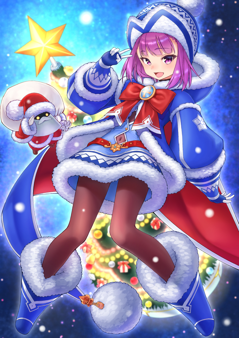 1girl ankh badge bangs beanie blue_coat blue_dress blue_footwear blue_gloves blue_headwear boots bow breasts christmas_tree coat colonel_olcott_(fate/grand_order) dress fate/grand_order fate/grand_order_arcade fate_(series) fur-trimmed_coat fur-trimmed_dress fur_trim gloves hat helena_blavatsky_(christmas)_(fate) helena_blavatsky_(fate/grand_order) large_bow long_sleeves looking_at_viewer nyantiu open_mouth pantyhose purple_hair red_bow sack short_hair small_breasts smile snowing v violet_eyes