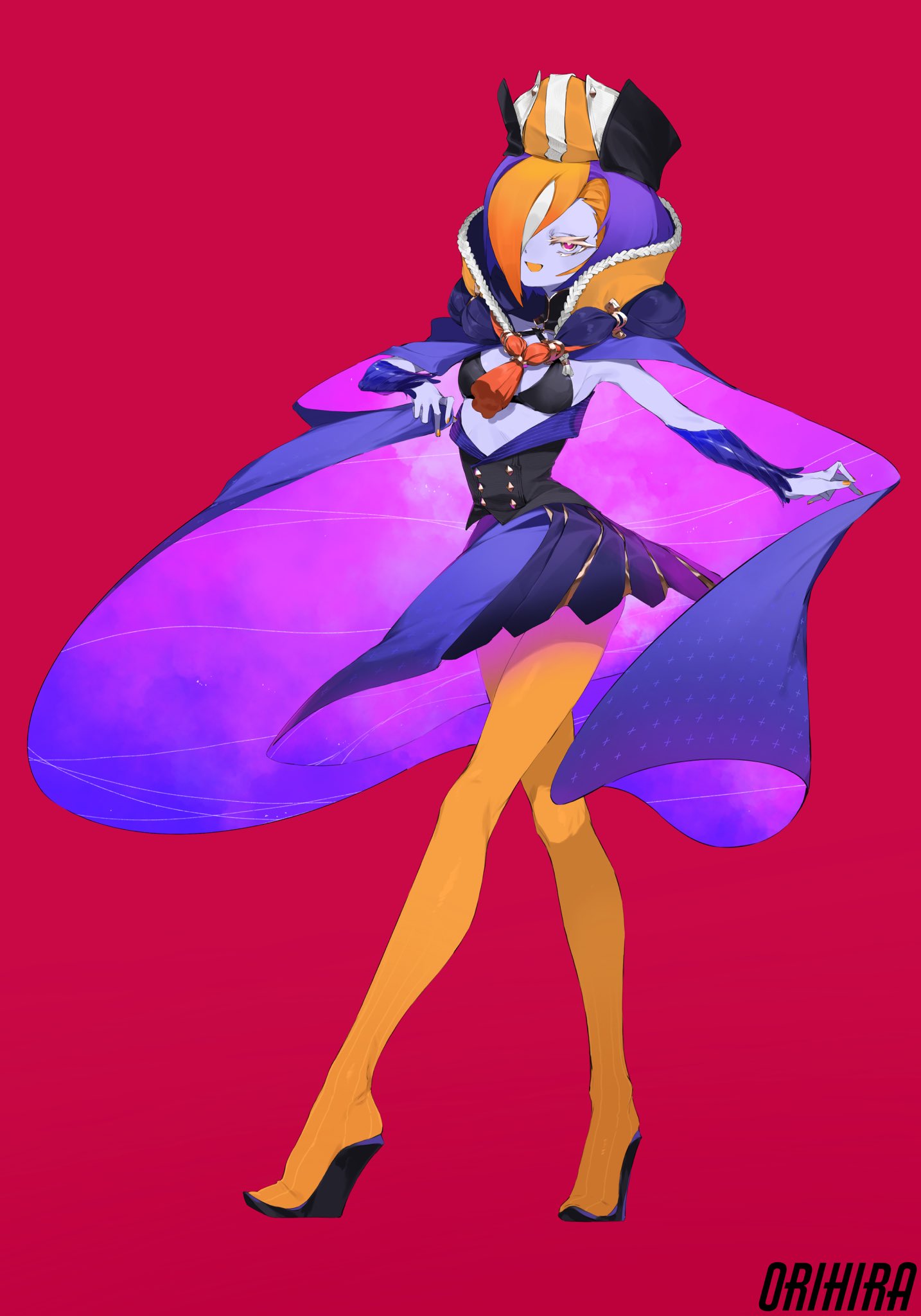 1girl artist_name blue_skin cape colored_skin full_body hair_over_one_eye hat highres multicolored_hair open_mouth orange_hair orange_legwear orange_nails original orihira pantyhose pink_eyes purple_cape purple_hair red_background shadow simple_background smile solo standing white_hair