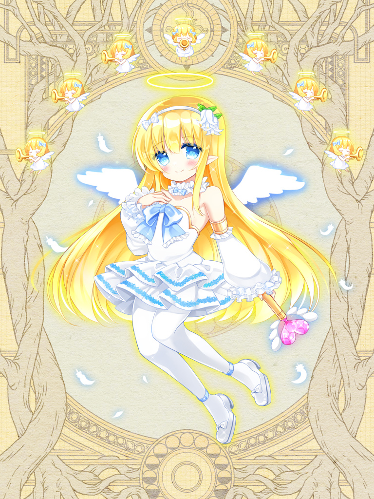 1girl bangs bare_shoulders blonde_hair blue_bow blue_eyes blush bow character_request closed_mouth dairoku_youhei detached_sleeves dress eyebrows_visible_through_hair flower frilled_sleeves frills full_body glowing glowing_wings hair_between_eyes hair_flower hair_ornament hairband halo heart holding holding_wand layered_dress long_hair long_sleeves official_art pantyhose pleated_dress pointy_ears puffy_long_sleeves puffy_sleeves shikito smile solo standing strapless strapless_dress very_long_hair wand white_bow white_dress white_flower white_hairband white_legwear white_sleeves white_wings wings