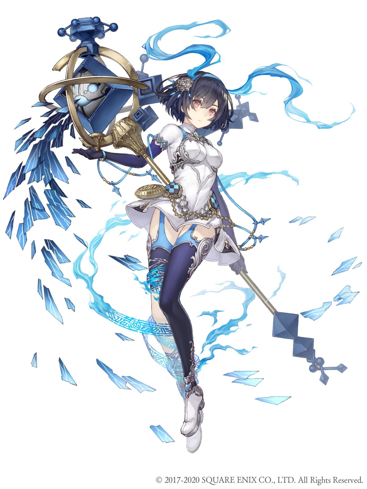 1girl alice_(sinoalice) breasts dark_blue_hair dress full_body hairband highres holding holding_staff ji_no looking_at_viewer medium_breasts official_art pocket_watch red_eyes short_hair single_thighhigh sinoalice solo square_enix staff tattoo thigh-highs watch white_background white_dress