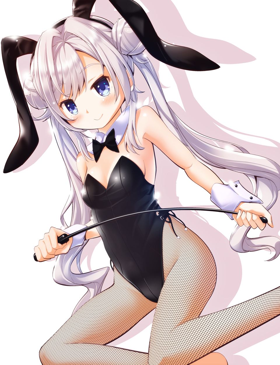 1girl animal_ears bangs bare_shoulders black_leotard black_neckwear blue_eyes bow bowtie breasts bunny_tail chauke closed_mouth commentary_request detached_collar double_bun fake_animal_ears fishnet_legwear fishnets highres leotard long_hair looking_at_viewer magia_record:_mahou_shoujo_madoka_magica_gaiden mahou_shoujo_madoka_magica pantyhose playboy_bunny rabbit_ears riding_crop simple_background small_breasts solo strapless strapless_leotard tail twintails white_background white_hair wrist_cuffs yakumo_mikage