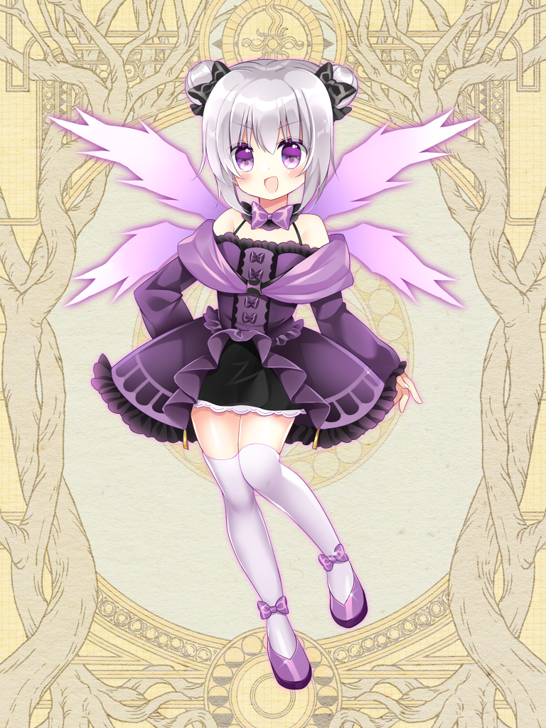 1girl :d bangs bare_shoulders black_bow blush bow character_request dairoku_youhei double_bun dress eyebrows_visible_through_hair full_body grey_hair hair_between_eyes hair_bow long_sleeves looking_at_viewer off-shoulder_dress off_shoulder official_art open_mouth puffy_long_sleeves puffy_sleeves purple_bow purple_dress purple_footwear purple_wings shikito shoes sidelocks sleeves_past_wrists smile solo standing standing_on_one_leg thigh-highs v-shaped_eyebrows violet_eyes white_legwear wings