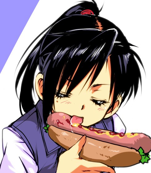 1boy black_hair blue_vest blush closed_eyes commentary_request hair_ornament high_ponytail hot_dog hot_dog_bun kamisimo_90 ketchup licking male_focus mustard open_mouth original otoko_no_ko panties ponytail ponytail_boy_(kamisimo_90) saliva sexually_suggestive shirt tongue tongue_out underwear vest white_shirt