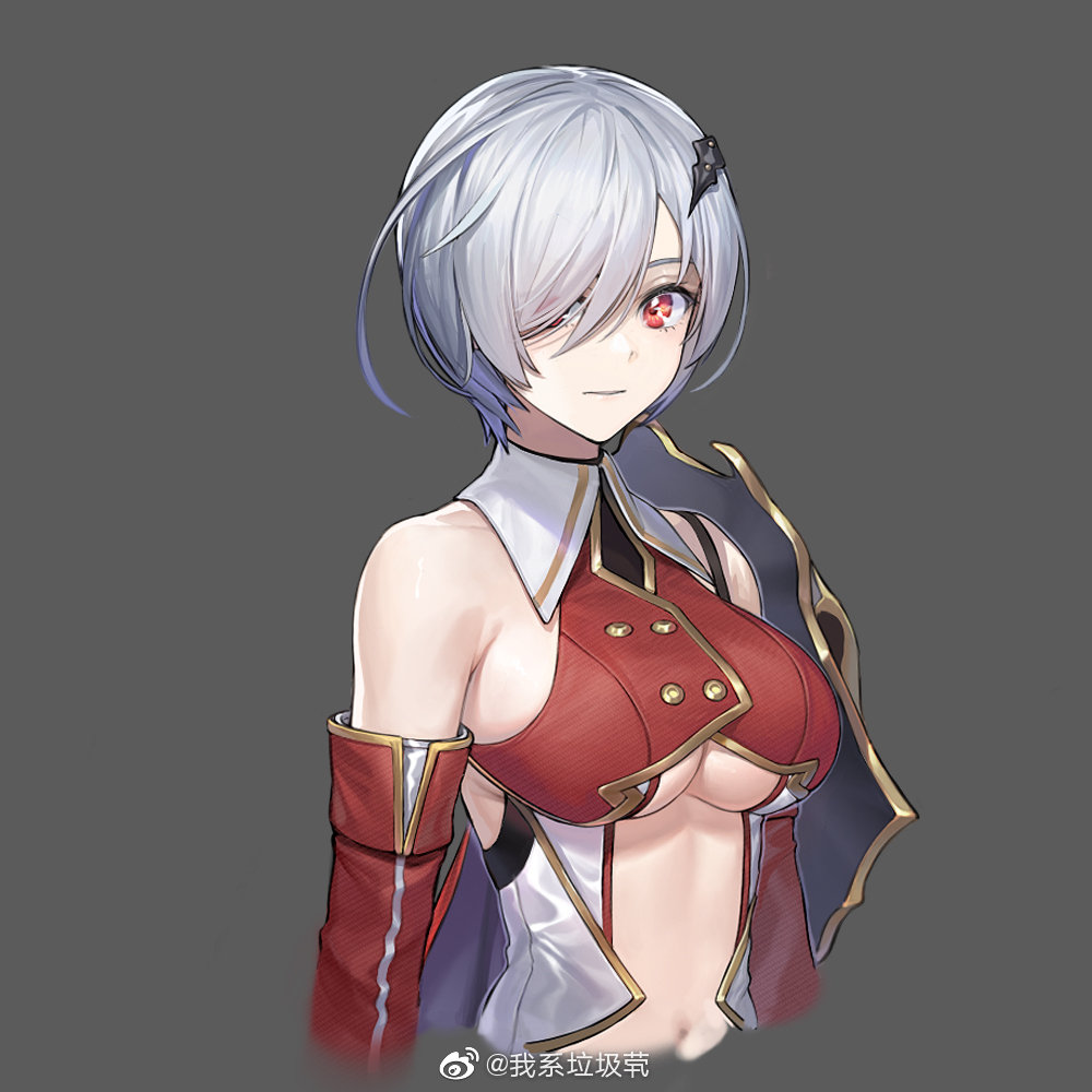 1girl ahoge armor armpit_crease bare_shoulders eyes_visible_through_hair grey_background navel original parted_lips pauldrons qiongsheng red_eyes short_hair shoulder_armor simple_background single_pauldron solo white_hair