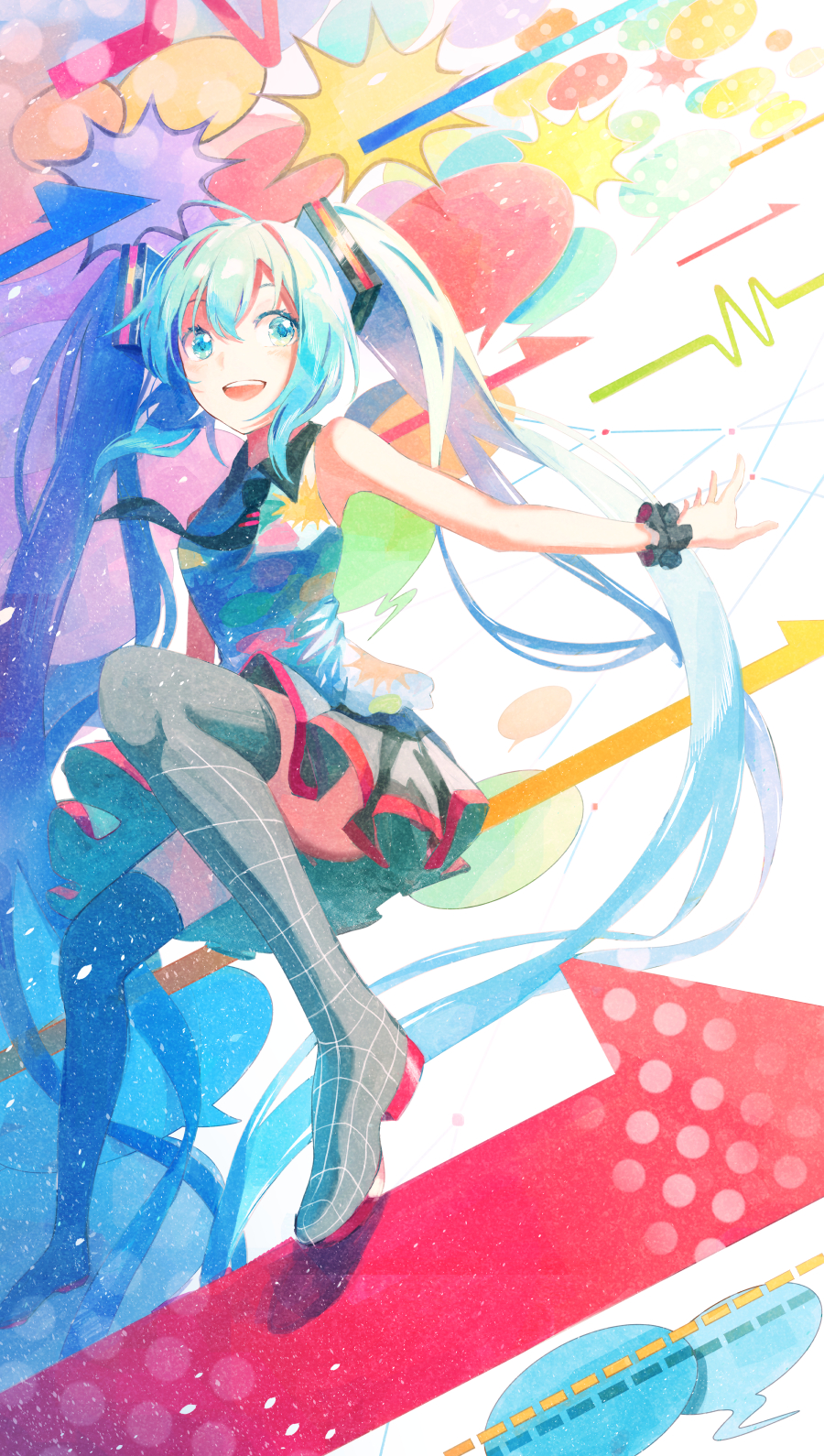 1girl aqua_eyes aqua_hair arrow_(symbol) bare_shoulders black_legwear black_neckwear black_skirt boots colorful commentary english_commentary hair_ornament hatsune_miku highres long_hair miniskirt multicolored_shirt necktie open_mouth outstretched_arm pleated_skirt scrunchie shi-ro shirt skirt sleeveless sleeveless_shirt smile solo sound_wave speech_bubble tell_your_world_(vocaloid) thigh-highs thigh_boots twintails very_long_hair vocaloid wrist_scrunchie