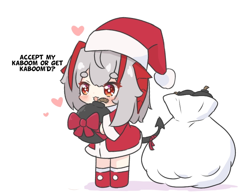 1girl :3 arknights bag blush bomb brown_eyes chibi commentary dress full_body hat heart holding holding_bomb horns kurotofu open_mouth red_dress red_footwear red_headwear santa_costume santa_hat shoes short_hair silver_hair simple_background solo standing tail w_(arknights) white_background