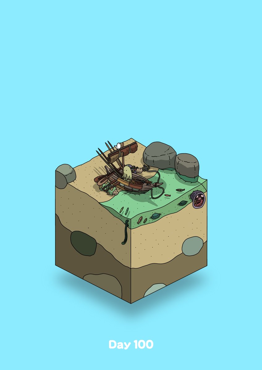 aqua_background beach bird boat boulder commentary_request diorama fish gozz hermit_crab highres isometric original paddle watercraft