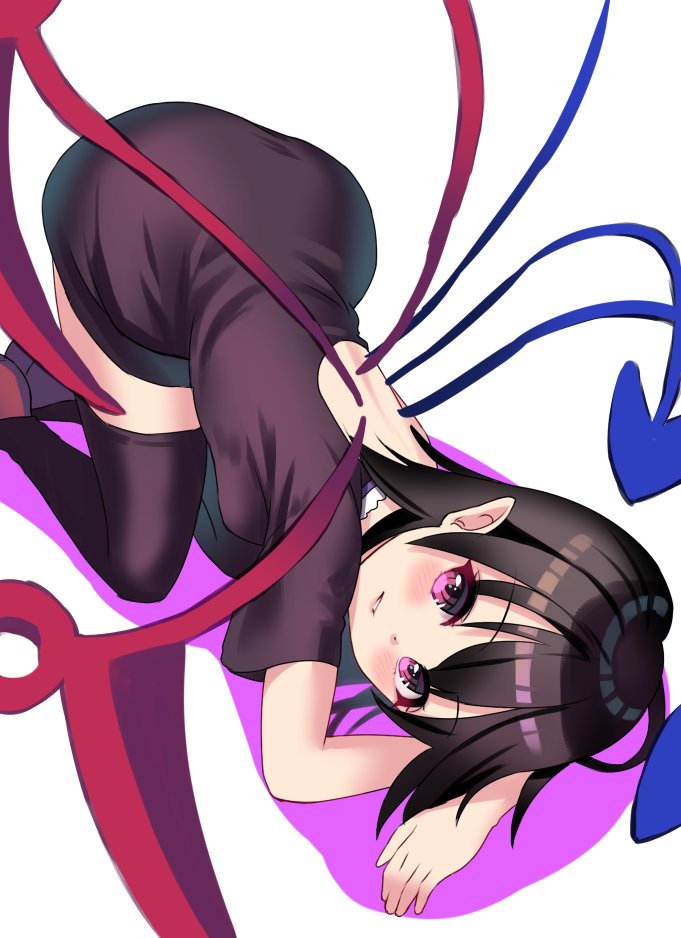 1girl asymmetrical_wings back bangs black_dress black_hair black_legwear blush breasts douji dress feet_out_of_frame hair_between_eyes houjuu_nue looking_at_viewer medium_hair parted_lips pink_eyes pointy_ears short_hair simple_background small_breasts smile solo thigh-highs top-down_bottom-up touhou white_background wings zettai_ryouiki