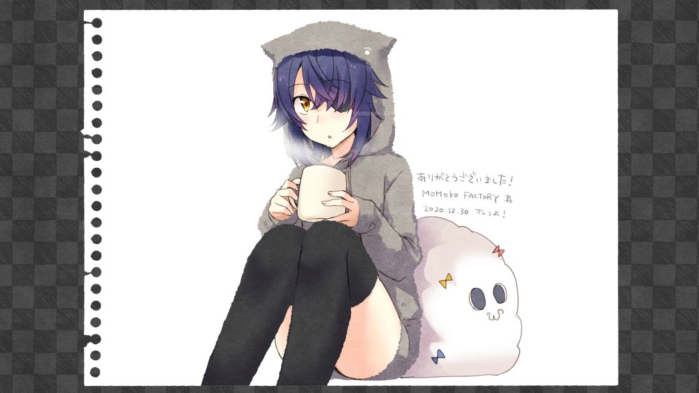 1girl black_legwear blush brown_eyes cup eyebrows_visible_through_hair grey_hoodie hair_over_one_eye holding holding_cup hood hoodie kantai_collection kotobuki_(momoko_factory) looking_at_viewer messy_hair miss_cloud parted_lips purple_hair short_hair sitting solo tenryuu_(kantai_collection) thigh-highs translation_request