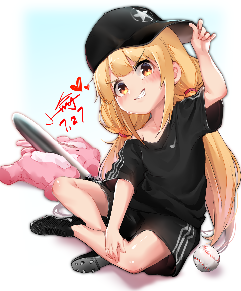 1girl alternate_costume arm_up baseball baseball_bat baseball_cap black_footwear black_headwear black_shirt black_shorts blonde_hair blush brown_eyes crossed_legs dated full_body futaba_anzu grin hat head_tilt heart idolmaster idolmaster_cinderella_girls long_hair low_twintails metal_baseball_bat off_shoulder shirt shoe_soles shoes short_shorts short_sleeves shorts sideways_hat signature sitting smile solo star_(symbol) stuffed_animal stuffed_bunny stuffed_toy twintails very_long_hair wide_sleeves xiaoyu