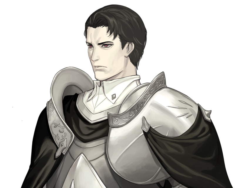 1boy armor black_capelet black_hair breastplate capelet closed_mouth km_yama male_focus original pale_skin pauldrons red_eyes short_hair shoulder_armor simple_background sipping solo spot_color upper_body white_background wing_collar