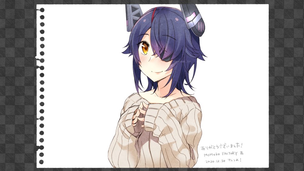 1girl blush brown_eyes closed_mouth collarbone eyebrows_visible_through_hair eyepatch hair_over_one_eye kantai_collection kotobuki_(momoko_factory) long_sleeves looking_at_viewer messy_hair purple_hair ribbed_sweater short_hair sleeves_past_wrists smile solo sweater tenryuu_(kantai_collection) translation_request white_sweater
