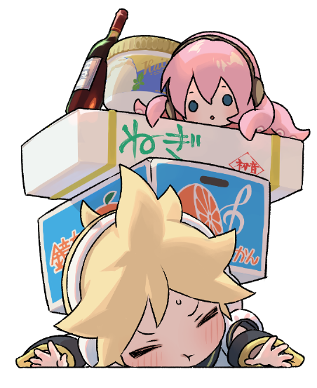 1boy 1girl :t arm_warmers blonde_hair blue_eyes bottle box closed_eyes commentary crushing food ice_cream ice_cream_cup kagamine_len looking_at_another lying naoko_(naonocoto) octopus on_stomach orange_print outstretched_arms pink_hair shirt solid_circle_eyes spiky_hair sweat takoluka tentacle_hair translated treble_clef v-shaped_eyebrows vocaloid white_background white_shirt wine_bottle