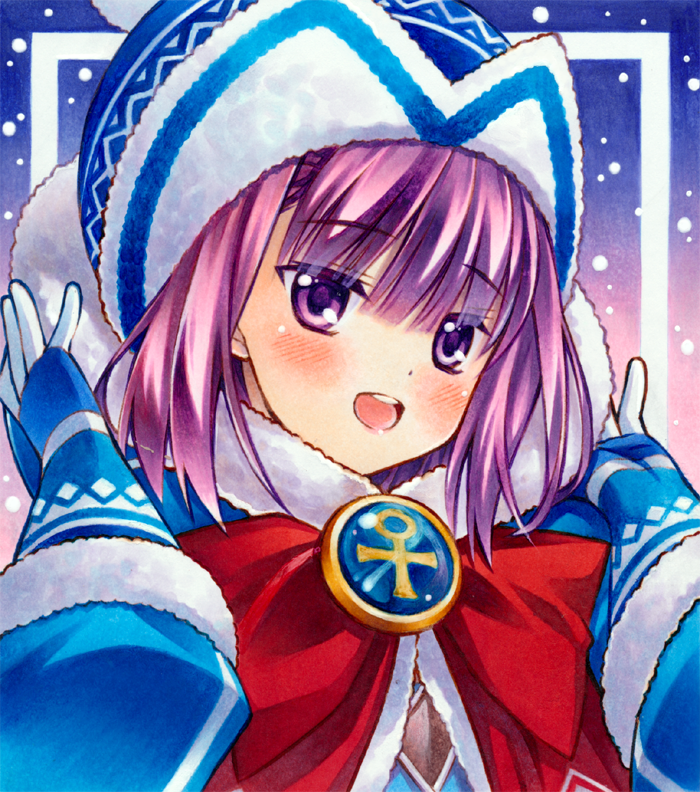 1girl ankh badge bangs beanie blue_coat blue_dress blue_gloves blue_headwear blush bow breasts coat dress fate/grand_order fate/grand_order_arcade fate_(series) fur-trimmed_coat fur_trim gloves hat helena_blavatsky_(christmas)_(fate) helena_blavatsky_(fate/grand_order) large_bow long_sleeves looking_at_viewer open_mouth purple_hair red_bow short_hair small_breasts smile violet_eyes yuto_takumi