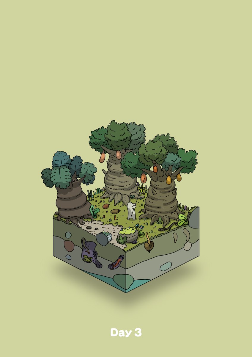 animal boulder commentary_request diorama food fruit gozz green_background highres holding holding_stick isometric lizard moss original plant poking stick tree