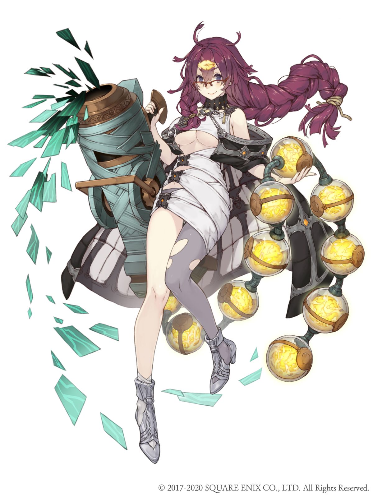 1girl ahoge bare_shoulders blue_eyes braid breasts canister cannon coat dorothy_(sinoalice) full_body glasses highres ji_no large_breasts long_hair looking_at_viewer messy_hair off_shoulder official_art over-rim_eyewear purple_hair semi-rimless_eyewear single_leg_pantyhose sinoalice smile solo square_enix torn_clothes torn_legwear under_boob white_background
