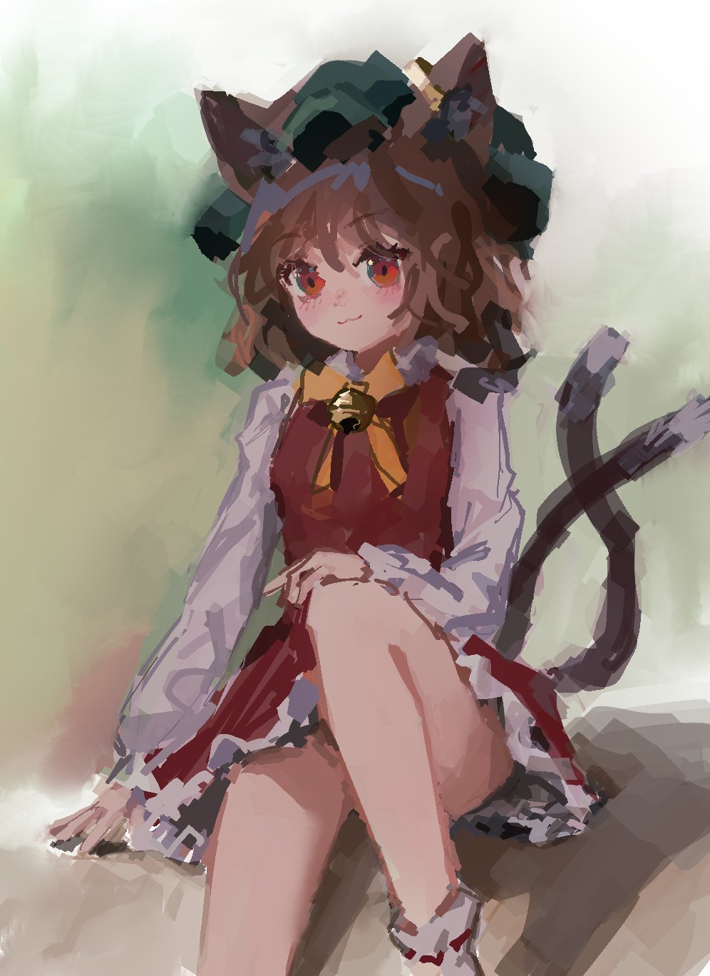 1girl :3 animal_ears arm_support bangs bell bell_collar blurry blurry_background blush brown_hair cat_ears cat_tail chen closed_mouth collar dress eyebrows_visible_through_hair feet_out_of_frame frilled_dress frills green_headwear hand_on_own_knee hat highres jewelry jingle_bell knee_up long_sleeves looking_at_viewer mob_cap multiple_tails neck_ribbon nekomata outstretched_arm red_dress red_eyes red_ribbon reddizen ribbon ribbon-trimmed_legwear ribbon_trim shirt short_hair sidelocks single_earring sitting socks solo tail touhou two_tails white_legwear white_shirt yellow_neckwear yellow_ribbon