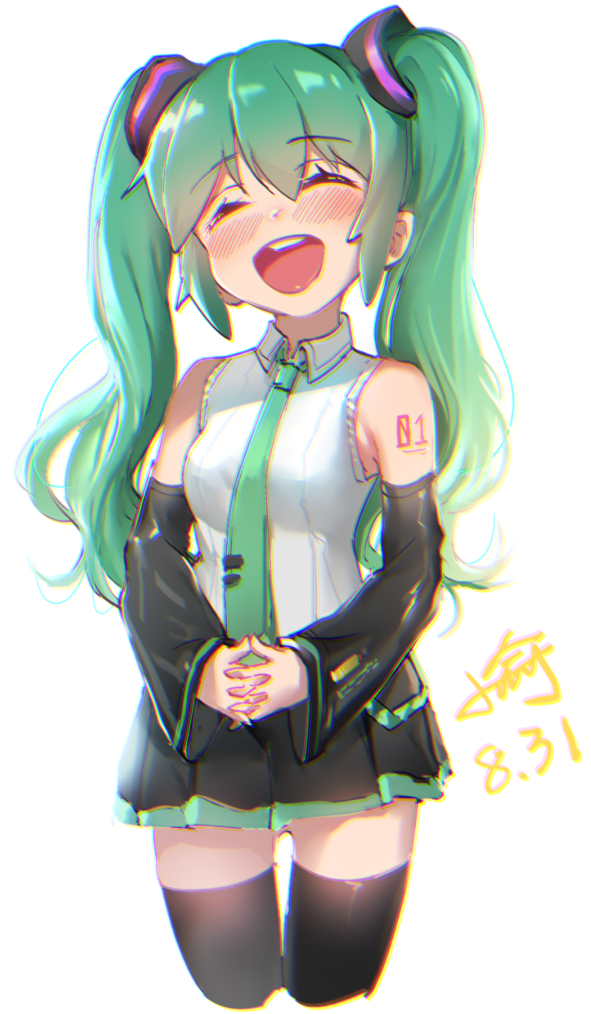 1girl :d ^_^ bangs bare_shoulders black_legwear black_skirt black_sleeves blush breasts closed_eyes cropped_legs dated detached_sleeves eyebrows_visible_through_hair facing_viewer green_hair green_neckwear hair_between_eyes hands_together hatsune_miku head_tilt highres interlocked_fingers long_hair long_sleeves open_mouth own_hands_together pleated_skirt shirt signature simple_background skirt sleeveless sleeveless_shirt sleeves_past_wrists small_breasts smile solo thigh-highs tie_clip twintails upper_teeth very_long_hair vocaloid white_background white_shirt wide_sleeves xiaoyu