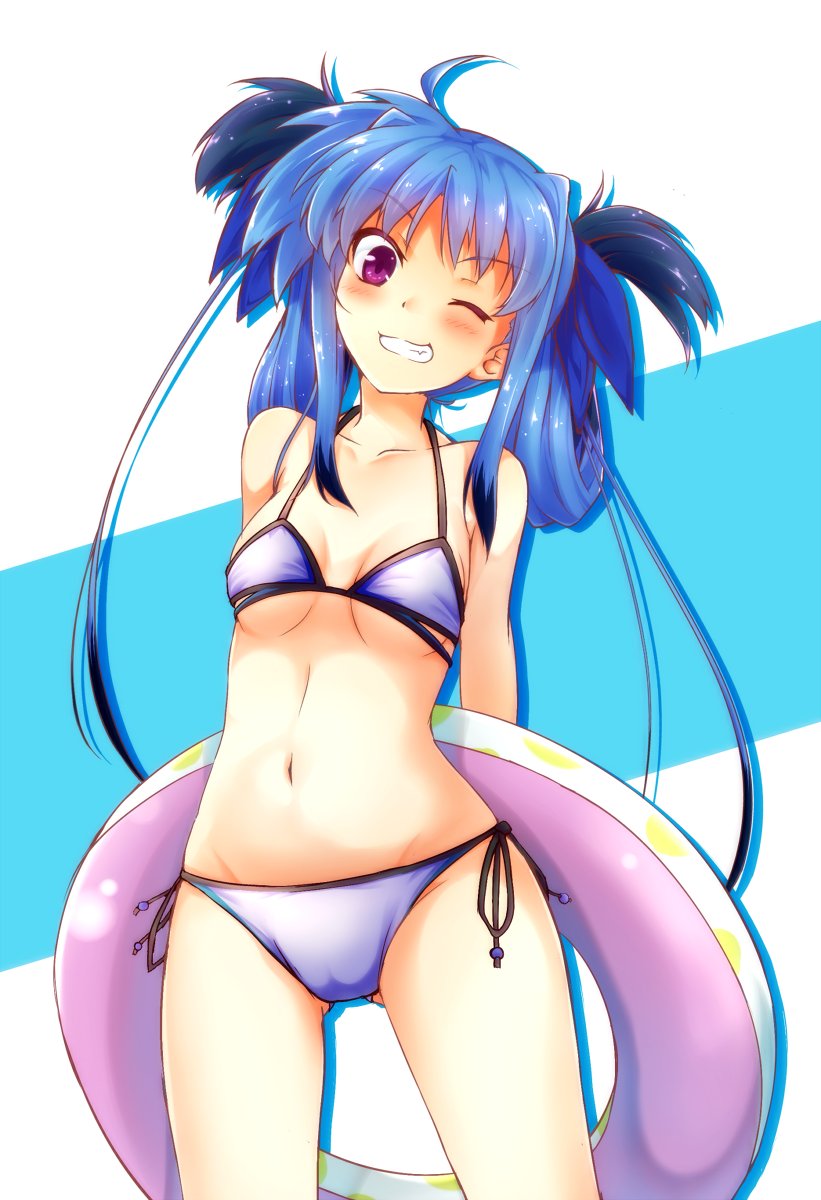 1girl alternate_hairstyle arms_behind_back ass_visible_through_thighs bangs bikini blue_bikini blue_hair blue_ribbon blush breasts commentary cowboy_shot eyebrows_visible_through_hair fang hair_ribbon hair_up hajime_kazuhito head_tilt highres holding holding_innertube innertube long_hair looking_at_viewer lyrical_nanoha mahou_shoujo_lyrical_nanoha mahou_shoujo_lyrical_nanoha_a's mahou_shoujo_lyrical_nanoha_a's_portable:_the_battle_of_aces material-l navel object_behind_back one_eye_closed ribbon side-tie_bikini small_breasts smirk solo standing string_bikini swimsuit teeth twintails violet_eyes
