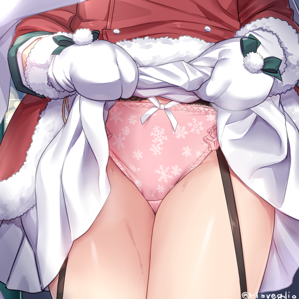 1girl azur_lane christmas coat fur-trimmed_coat fur-trimmed_mittens fur-trimmed_shirt fur_trim garter_straps lifted_by_self lower_body mittens panties pink_panties red_coat santa_costume saratoga_(azur_lane) saratoga_(silent_night_songstress)_(azur_lane) shirt skirt skirt_lift snowflake_print solo sweat torimaru underwear white_mittens winter_clothes winter_coat