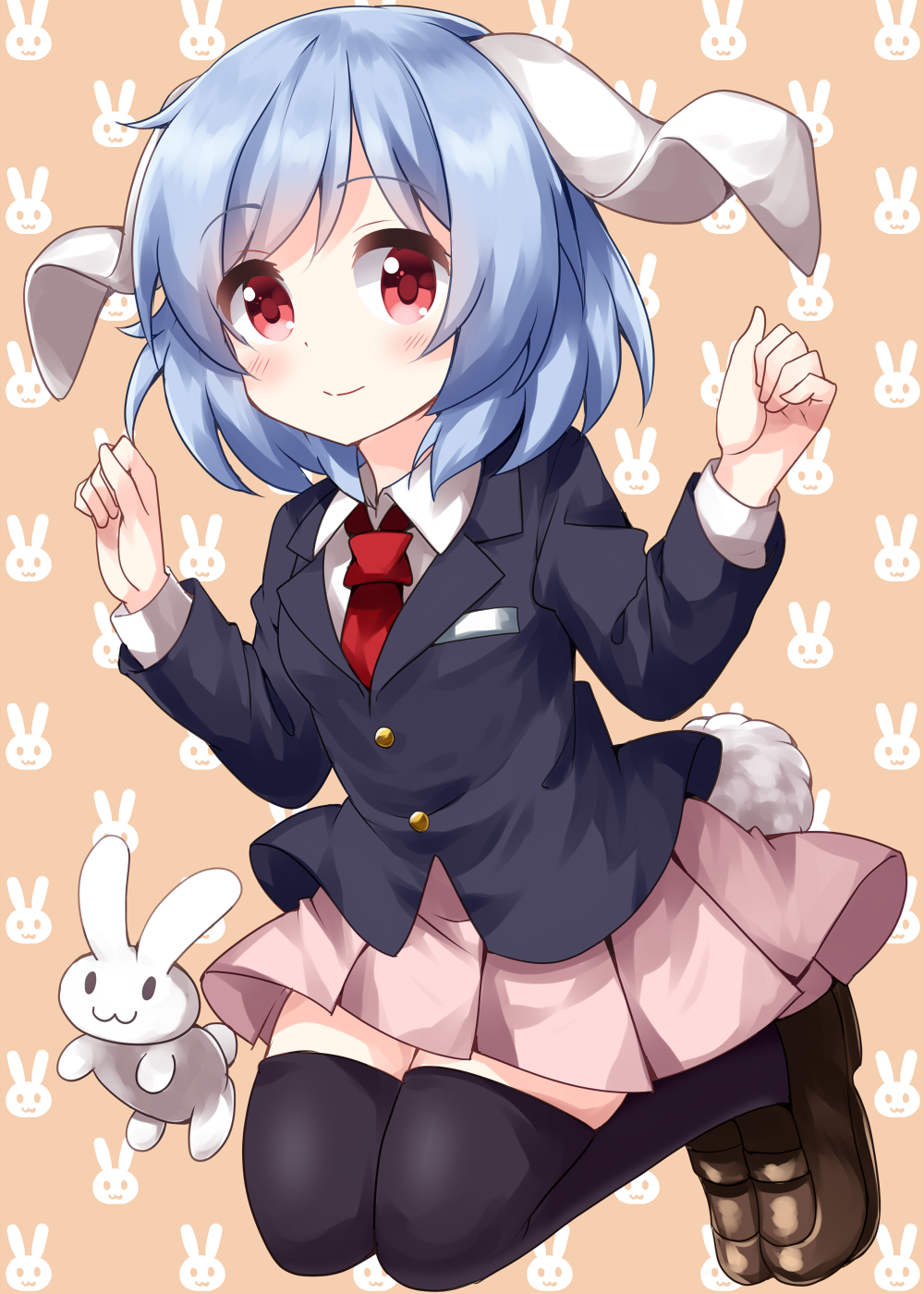 1girl :3 animal_ears bangs black_jacket black_legwear blazer blue_hair brown_footwear bunny_background bunny_tail buttons clenched_hands closed_mouth collared_shirt eyebrows_visible_through_hair full_body highres jacket legs_up long_sleeves looking_at_viewer medium_hair necktie open_mouth orange_background pink_skirt pleated_skirt rabbit rabbit_ears red_eyes red_neckwear reisen ruu_(tksymkw) shirt skirt smile tail thigh-highs touhou white_shirt
