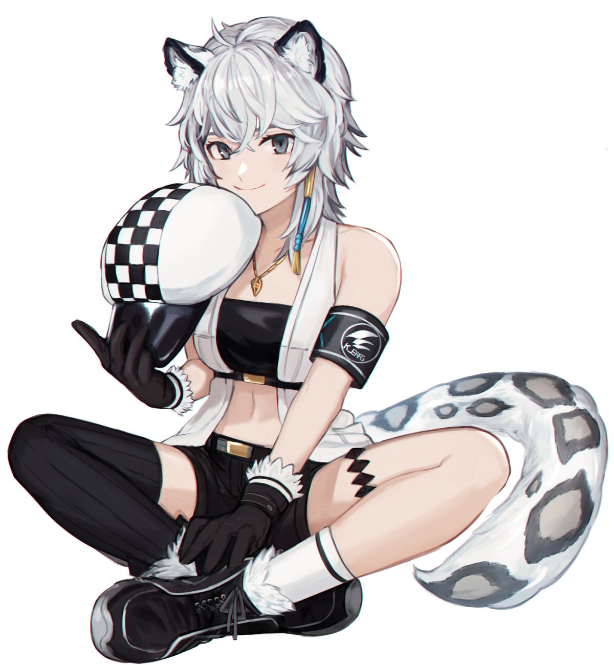 1girl animal_ears arknights armband bandeau black_eyes black_footwear black_gloves black_legwear black_shorts boots breasts cabbie_hat checkered checkered_headwear cliffheart_(arknights) closed_mouth commentary cross-laced_footwear crossed_legs earrings gloves hair_between_eyes hat highres holding holding_clothes holding_hat indian_style jewelry kizimakizima kjerag_logo leopard_ears leopard_tail looking_at_viewer medium_breasts medium_hair midriff mismatched_legwear navel necklace oripathy_lesion_(arknights) ribbed_legwear short_shorts shorts silver_hair simple_background single_earring single_thighhigh sitting smile socks solo strapless symbol_commentary tail tassel tassel_earrings thigh-highs thighs tubetop vest white_background white_headwear white_legwear white_vest