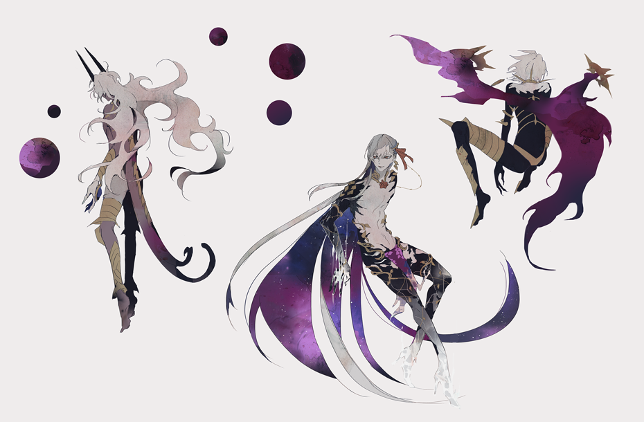 3boys arjuna_alter bangs bare_pecs bare_shoulders black_bodysuit bodysuit fate/grand_order fate_(series) floating floating_hair full_body genderswap genderswap_(ftm) gsgs hair_ribbon kama_(fate/grand_order) karna_(fate) long_hair looking_away multiple_boys pale_skin planetary_ring red_eyes revealing_clothes ribbon silver_hair tail very_long_hair white_hair