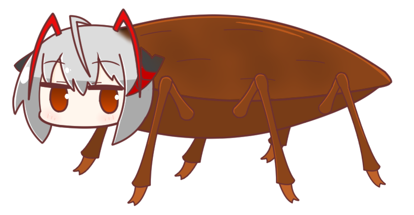 1girl ahoge antennae arknights bangs bug cockroach demon_horns eyebrows_visible_through_hair grey_hair horns insect looking_at_viewer naga_u_(style) parody ponyupdaddy red_eyes short_hair simple_background solo style_parody w_(arknights) white_background