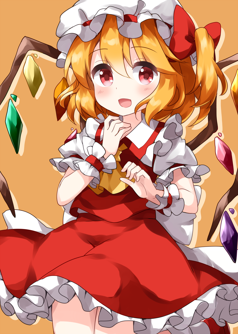 1girl ascot bangs blonde_hair bobby_socks bow cowboy_shot crystal eyebrows_visible_through_hair flandre_scarlet frilled_skirt frills hair_between_eyes hair_bow hat hat_ribbon highres legs_up looking_at_viewer medium_hair mob_cap open_mouth orange_background petticoat red_bow red_eyes red_footwear red_ribbon red_skirt red_vest ribbon ruu_(tksymkw) shirt short_sleeves side_ponytail simple_background skirt smile socks solo touhou vest white_headwear white_legwear white_shirt wings wrist_cuffs yellow_neckwear