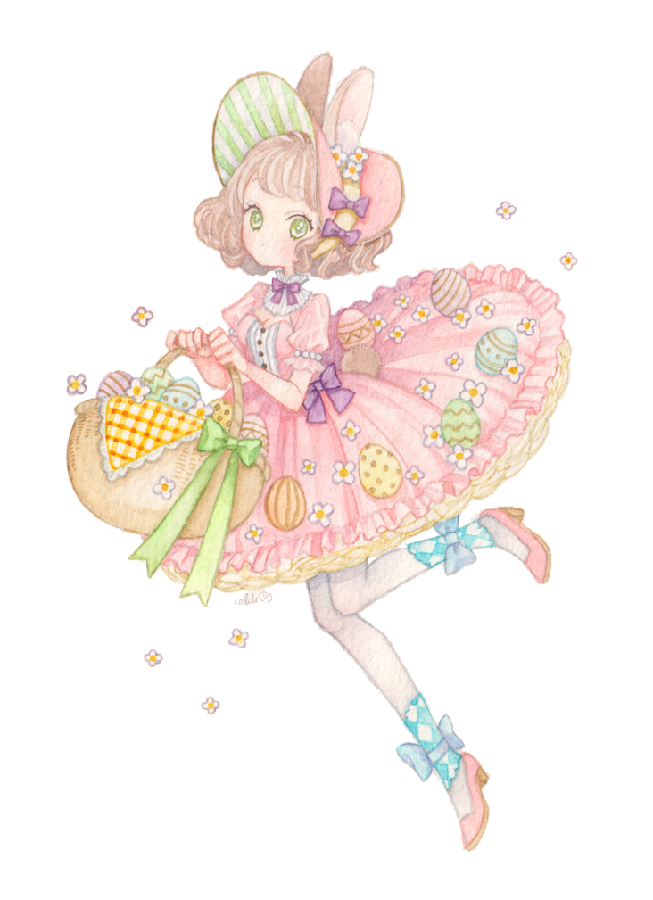1girl animal_ears ankle_bow bangs basket blue_bow bonnet bow brown_hair dress easter easter_egg egg flower full_body green_eyes holding holding_basket lilviv looking_at_viewer original pink_dress pink_footwear pink_headwear puffy_short_sleeves puffy_sleeves purple_bow rabbit_ears shoes short_hair short_sleeves simple_background solo standing white_background white_flower