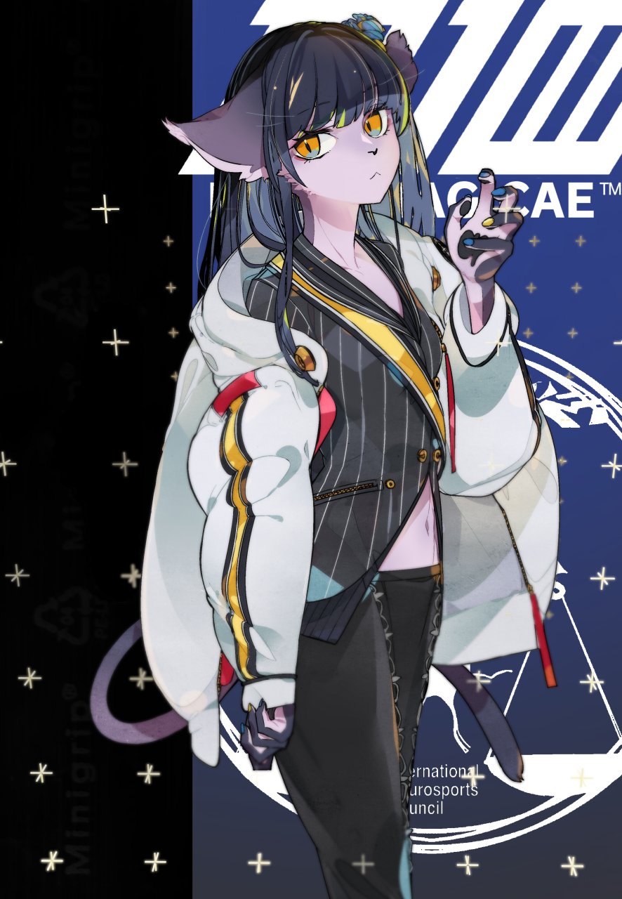 1girl :&lt; animal_ears bangs black_pants black_shirt blue_eyes blue_flower blue_nails blue_rose blunt_bangs closed_mouth fingernails flower furry grey_hair hair_flower hair_ornament hand_up head_tilt highres jacket kuroi_moyamoya long_hair long_sleeves looking_at_viewer multicolored multicolored_eyes multicolored_nails nail_polish navel noire_kooshe open_clothes open_jacket orange_eyes original pants rose shirt slit_pupils solo standing striped striped_shirt tail vertical-striped_shirt vertical_stripes white_jacket yellow_nails