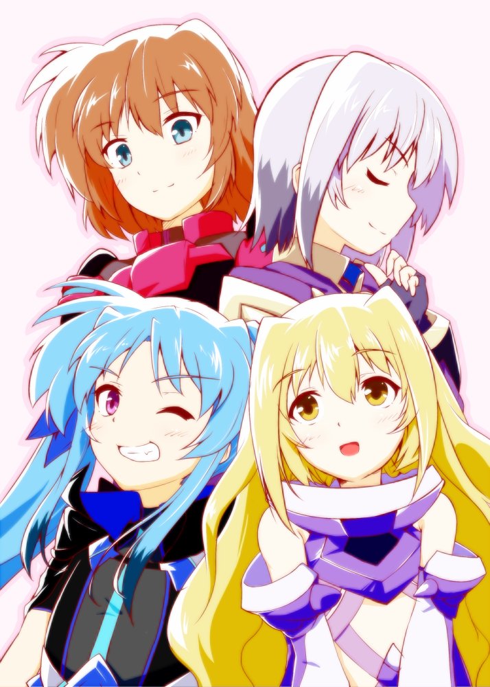 4girls bangs black_dress black_gloves blonde_hair blue_hair brown_hair chin_grab closed_eyes commentary detached_sleeves dress eyebrows_visible_through_hair fingerless_gloves gloves green_eyes grey_background grey_hair grin hajime_kazuhito long_hair looking_at_viewer lyrical_nanoha magical_girl mahou_shoujo_lyrical_nanoha_reflection material-d material-l material-s multicolored_hair multiple_girls open_mouth purple_dress red_dress short_hair short_sleeves sidelocks silver_hair simple_background smile standing twintails two-tone_hair violet_eyes white_sleeves yellow_eyes yuri_eberwein