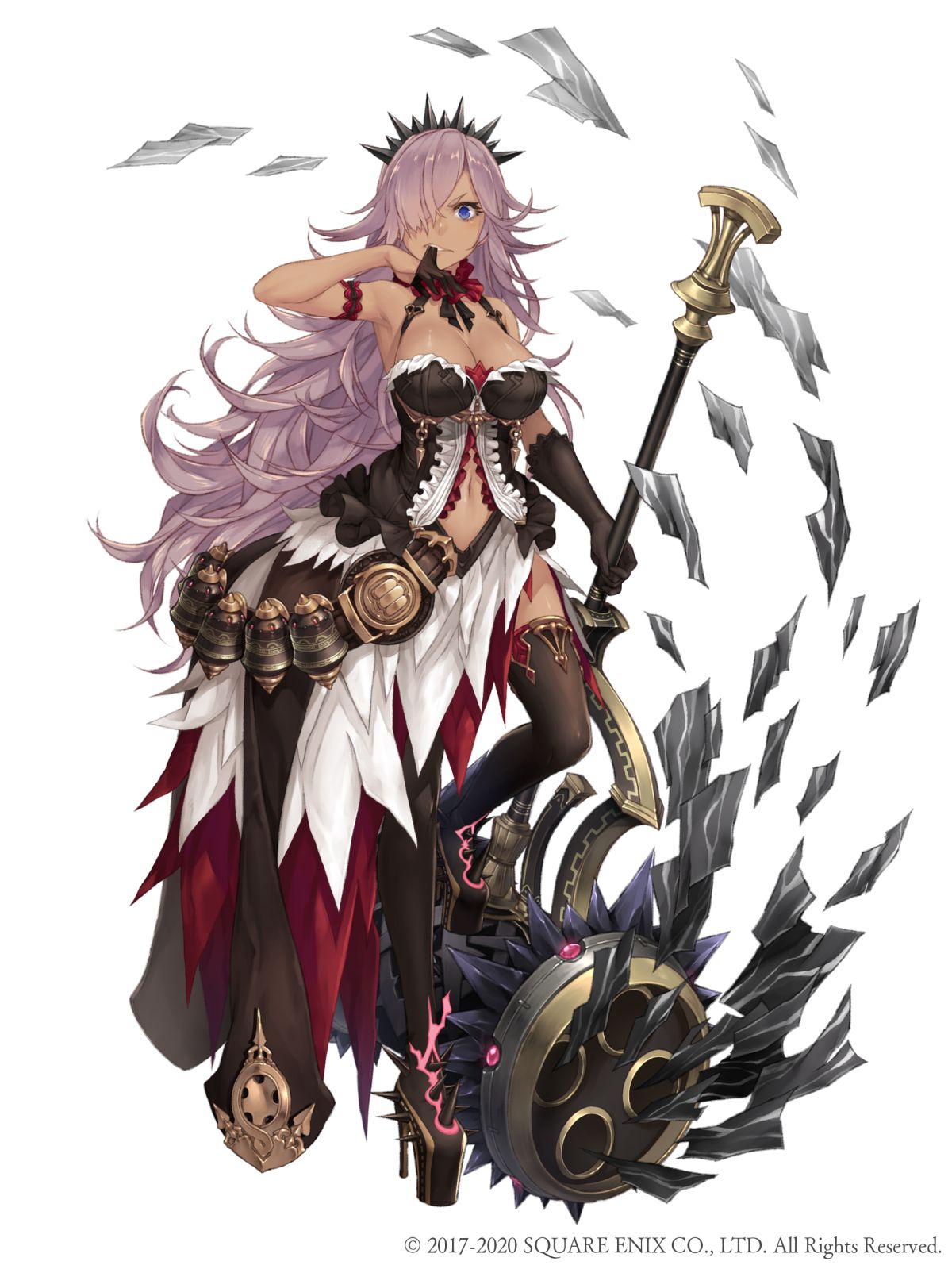 1girl adjusting_clothes adjusting_gloves armlet asymmetrical_clothes blue_eyes boots breasts canister cinderella_(sinoalice) dark_skin frills frown full_body gloves hair_over_one_eye hammer high_heels highres ji_no large_breasts long_hair looking_at_viewer navel official_art platform_footwear purple_hair sinoalice solo square_enix thigh-highs thigh_boots white_background