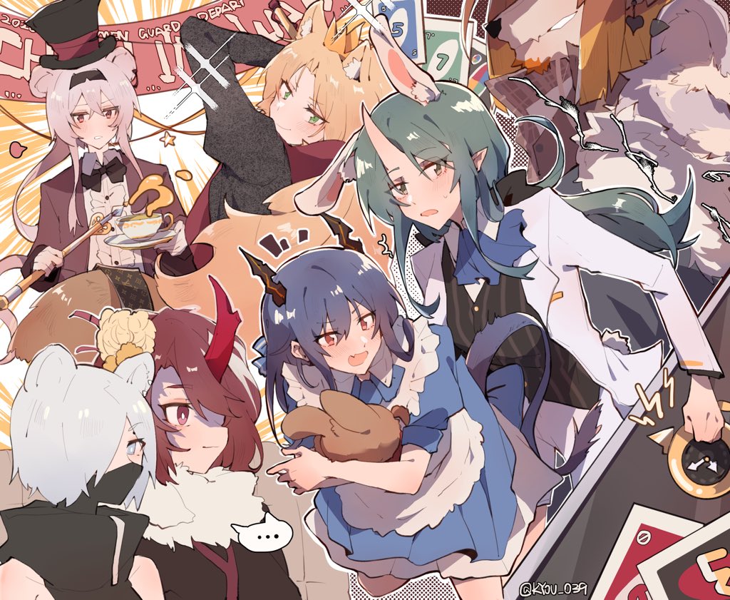 1boy 6+girls alice_(wonderland) alice_(wonderland)_(cosplay) alice_in_wonderland animal_ears arknights ch'en_(arknights) commentary_request cosplay dragon_girl dragon_horns dragon_tail ferret_ears ferret_girl furry horns hoshiguma_(arknights) husband_and_wife kyou_039 lin_yuhsia_(arknights) mad_hatter mad_hatter_(cosplay) mouse_girl multiple_girls ninja ninja_mask oni oni_horns princess_fumizuki_(arknights) queen_of_hearts queen_of_hearts_(cosplay) shirayuki_(arknights) single_horn swire_(arknights) tail tiger_ears tiger_girl uncle_and_niece wei_yenwu_(arknights) white_rabbit white_rabbit_(cosplay)