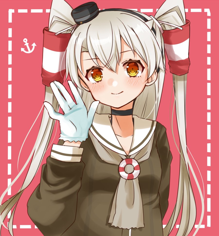 1girl amatsukaze_(kantai_collection) anchor_symbol brown_dress brown_eyes choker cocoperino commentary_request dress gloves hair_tubes hat kantai_collection lifebuoy_ornament long_hair mini_hat pink_background sailor_dress silver_hair smokestack_hair_ornament solo two_side_up waving white_gloves windsock