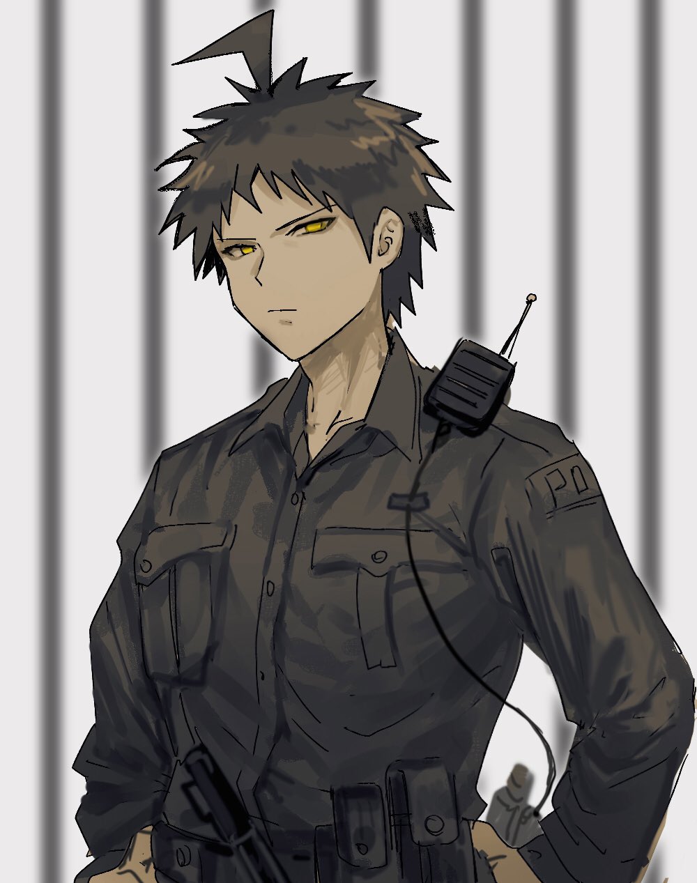 1boy ahoge ai_(meira32373165) alternate_costume bangs baton black_jacket blurry blurry_background breast_pocket brown_eyes brown_hair commentary_request dangan_ronpa_(series) dangan_ronpa_2:_goodbye_despair depth_of_field expressionless hand_on_hip highres hinata_hajime jacket long_sleeves looking_at_viewer male_focus pocket police police_uniform pouch short_hair sketch solo uniform upper_body walkie-talkie