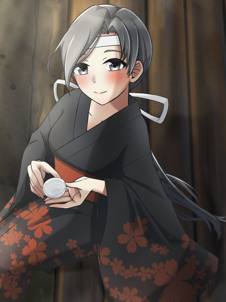 1girl alcohol black_kimono blush breasts chitose_(kantai_collection) cup floral_print grey_eyes grey_hair hair_ribbon headband holding holding_cup japanese_clothes kantai_collection kimono large_breasts long_hair looking_at_viewer ribbon sake sitting smile