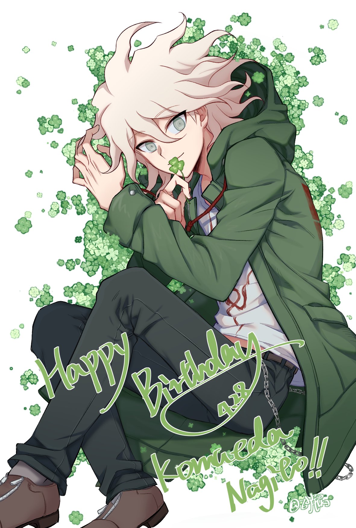 1boy bangs black_footwear black_pants character_name clover coat commentary_request dangan_ronpa_(series) dangan_ronpa_2:_goodbye_despair dated four-leaf_clover from_above green_coat grey_eyes grey_hair grey_shirt hair_between_eyes happy_birthday highres holding hood hood_down hooded_coat komaeda_nagito long_sleeves looking_at_viewer lying male_focus medium_hair on_side open_clothes open_coat pants print_shirt shaguo shirt simple_background smile solo symbol_commentary white_background white_hair