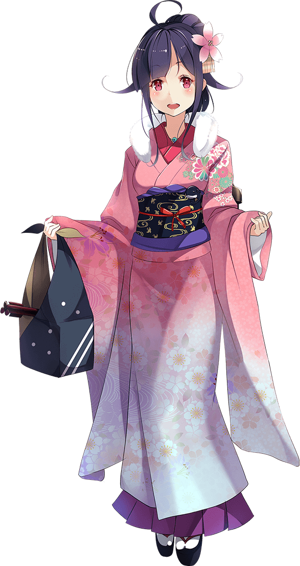 1girl ahoge blush full_body hair_flaps japanese_clothes kantai_collection kimono kujou_ichiso long_hair long_sleeves obi official_art open_mouth pink_kimono purple_hair red_eyes ryuuhou_(kantai_collection) sash smile solo tabi taigei_(kantai_collection) transparent_background wide_sleeves zouri